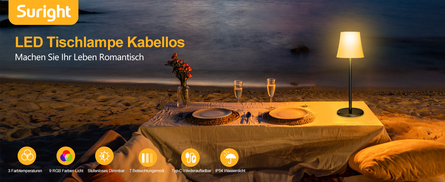 Бездротова LED лампа Suright для столу з регулюванням яскравості, 3 кольори + RGB, сенсорне керування, водонепроникність IP54, для ресторану, спальні, вечірки, кемпінгу, кав'ярні