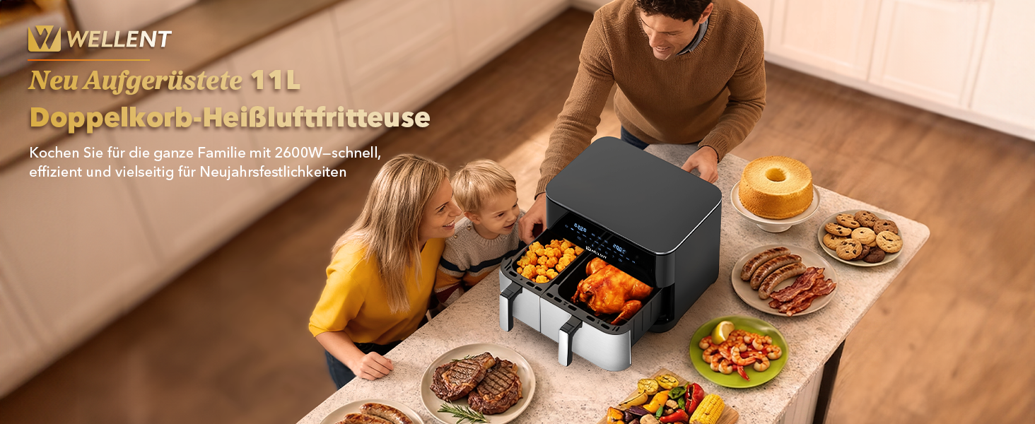 Фритюрниця повітряна WELLENT 2 камери, 2600W, 11л (4+7л) з сенсорним екраном, 10 функцій, для дому