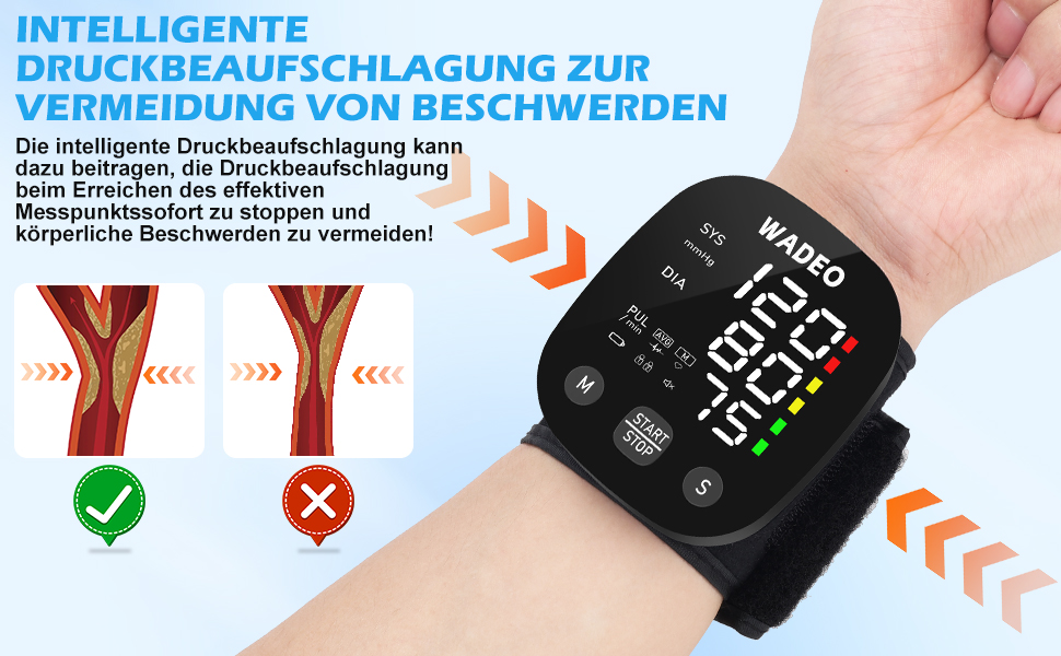Цифровий тонометр WADEO на зап'ясті, мовлення 5 мовами, виявлення аритмії, портативний тонометр для дому та подорожей, 2 x 99 пам'ять, з батарейками та коробкою для зберігання, білий (чорний)