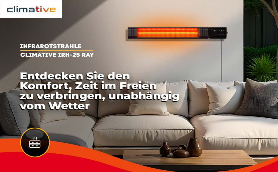 Інфрачервовий обігрівач RAY 2500W – електричний обігрівач з 9 ступенями, IP65 для тераси та приміщення, настінний, з пультом та таймером, чорний