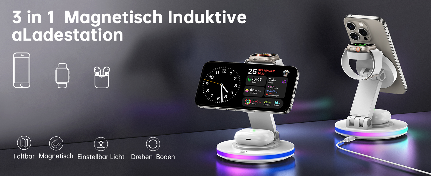 Бездротова зарядка MagSafe 3-в-1: зарядний стан для Apple Watch, iPhone 16/15/14 з нічним світлом, поворотний