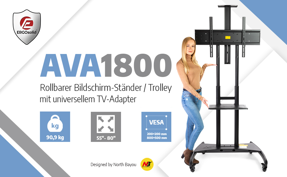 Підставка для телевізора Ergosolid AVA1800: мобільна, поворотна, чорна, 55-80 дюймів