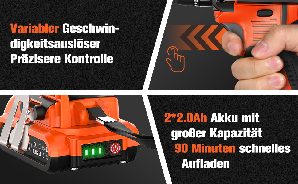 Акумуляторний шуруповерт AKZWOXRO 21V з 2 акумуляторами 2.0Ah, 42Nm, 2 швидкості, 25+3 ступені крутного моменту, патрон 10мм, LED, 30шт аксесуарів для дому та саду, помаранчевий колір