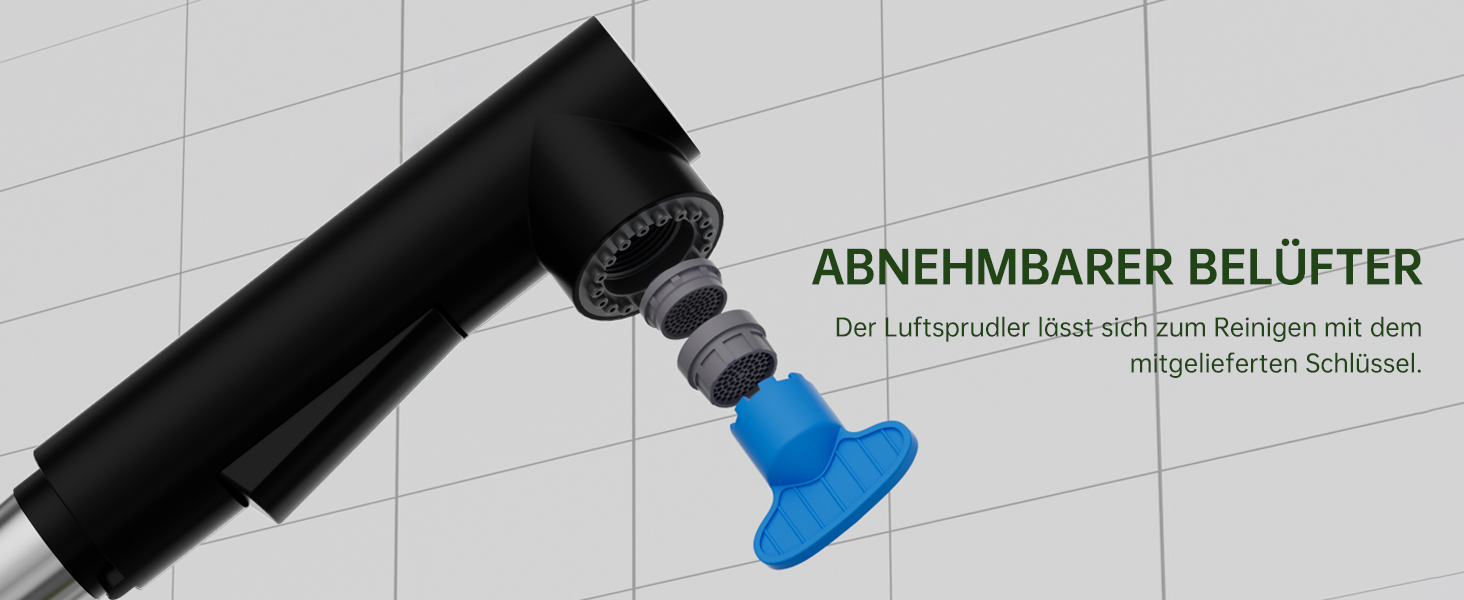 Змішувач кухонний DAYONE з висувною лійкою, нержавіюча сталь, 3 режими, поворотний на 360°, для кухонної мийки (15 см), матовий чорний