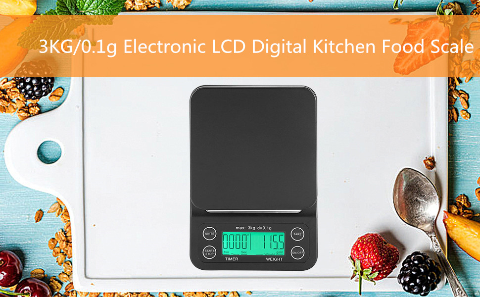Електронні кухонні ваги Fdit з таймером для кави та продуктів, LCD-дисплей, точність 0.01 г, до 3 кг, зелені