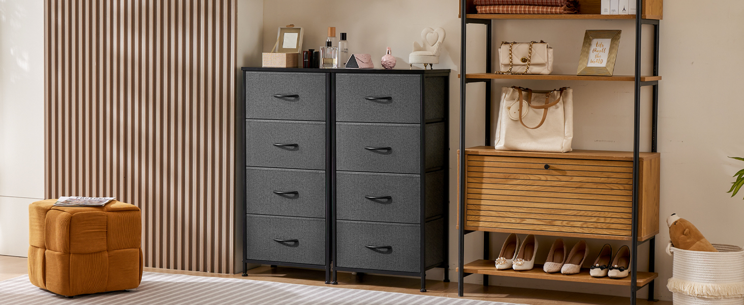 DUMOS Chest of Drawers with Drawers - Chests of Drawers & Sideboards for Bedrooms Suitable, Chest of Drawers with 9 Drawers, Fabric Chest of Drawers with Sturdy Steel Frame, Ideal for Bedroom, Living Room (Black) (4 Drawers Gray)