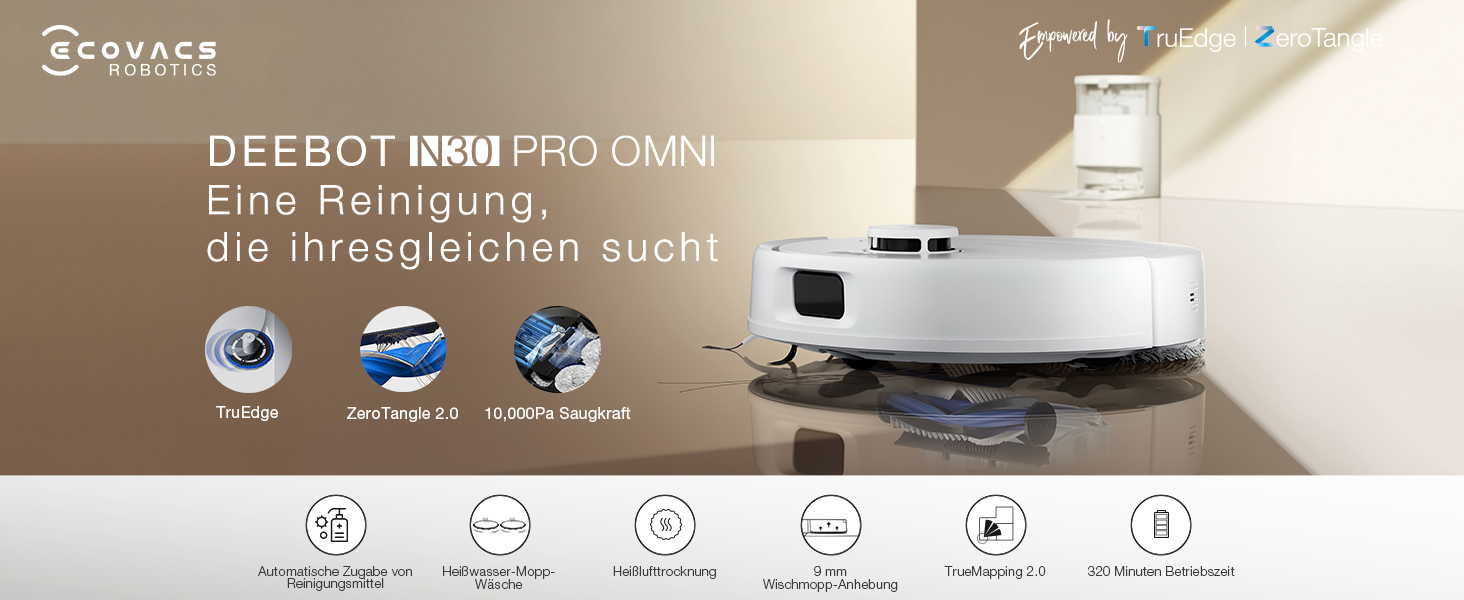 ECOVACS DEEBOT N30 PRO Omni: Робот-пилосос з функцією миття підлоги, 10000 Па, технологія ZeroTangle 2.0, TruEdge, 60°C миття, сушка гарячим повітрям, білий