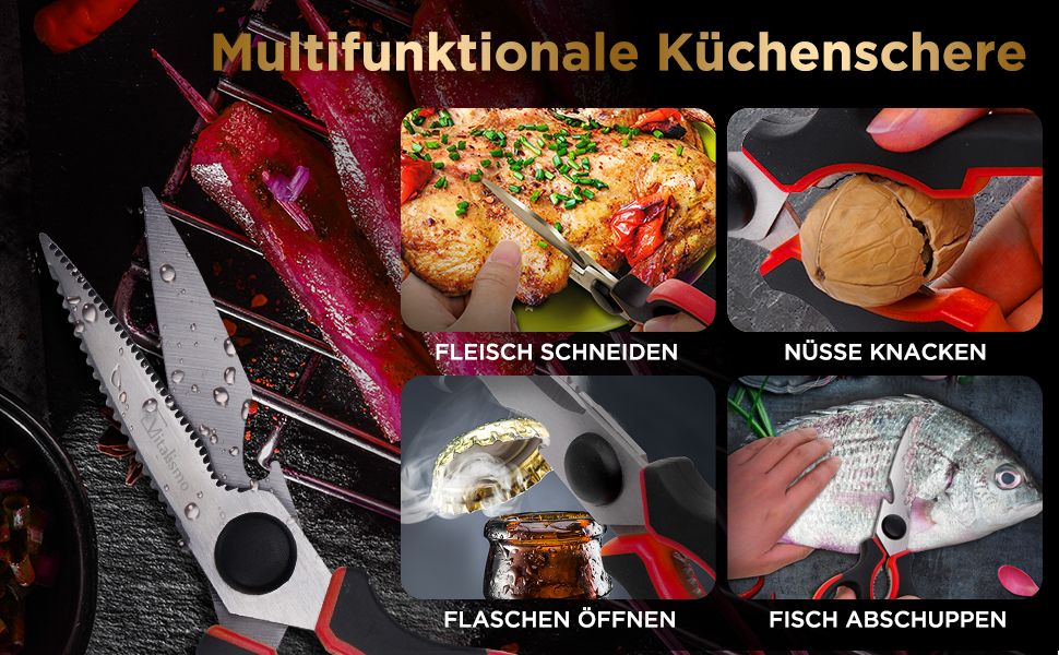 Універсальні кухонні ножиці 21 см з нержавіючої сталі, для риби, птиці, горіхів, з захистом леза, миючі в посудомийній машині, для лівшів, червоні