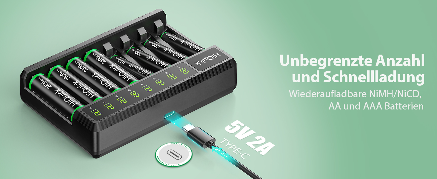 Зарядний пристрій HiQuick для акумуляторів AA AAA, 8 слотів з LED-дисплеєм, для NI-MH NI-CD акумуляторів (без акумуляторів)