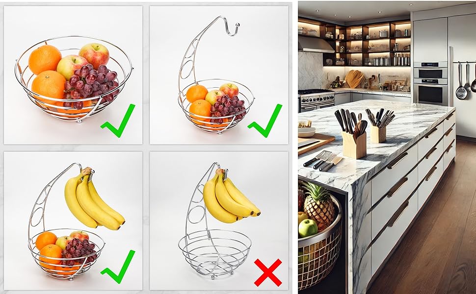 Металева фруктова корзина Exzact з тримачем для бананів, 41 см, срібляний хром