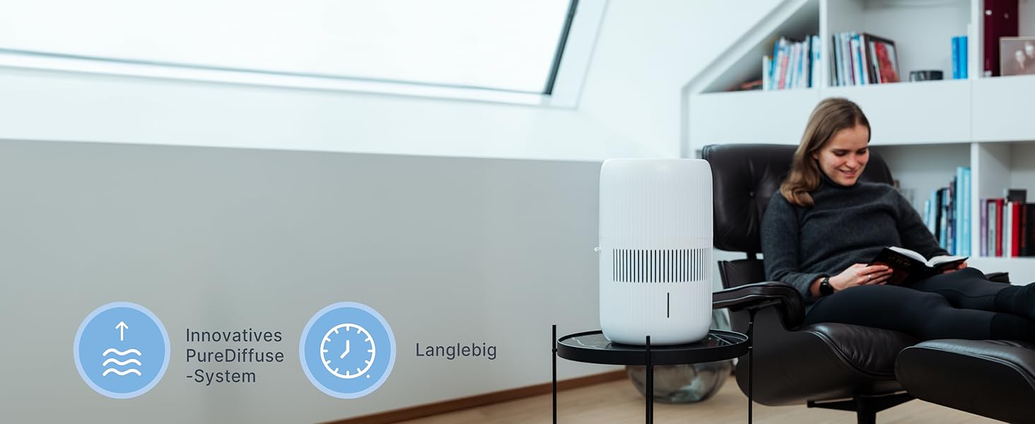Зволожувач повітря Comedes Umecto 300 – для приміщень до 45 м², тихий та енергоефективний, резервуар 2,8 л, продуктивність 300 мл/год, 99,9% менше бактерій завдяки холодній дифузії, для спальні, сумісний зі Smart Home