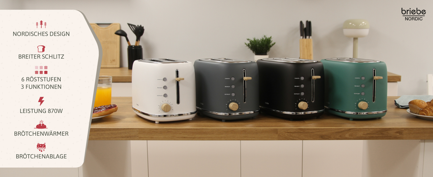 Тостер Nordic з широким слотом, 2-х місний, 6 рівнів підсмажування, з функціями підігріву, відключення, розморожування, крихтозбірником, північний дизайн, 870 Вт, чорний