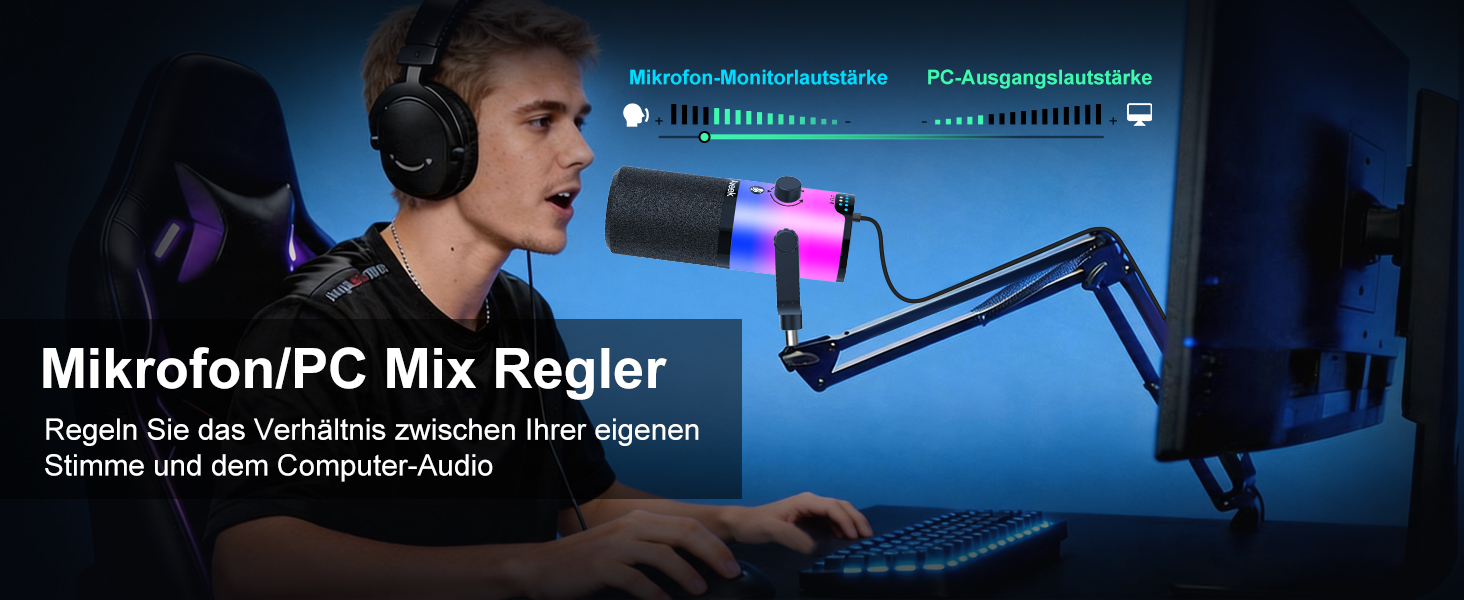 Мікрофон Aveek USB/XLR динамічний з тримачем, з функцією Mute, шумозаглушенням та RGB підсвіткою для ПК, стрімінгу, подкастів та запису