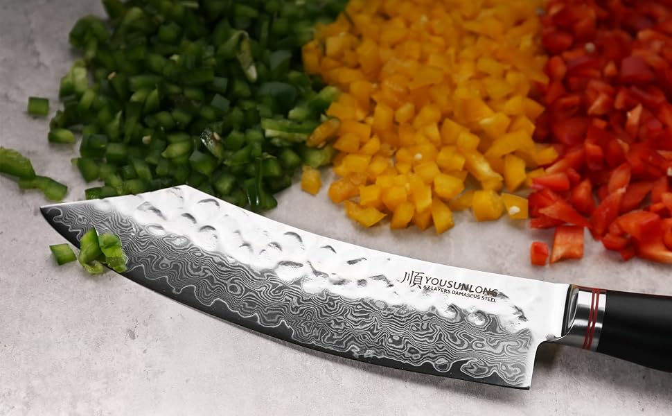 Ніж кухарський YOUSUNLONG Damast 25 см - професійний ніж з лезом з дамаської сталі, кухонний ніж, ніж для м'яса, ручка з дерева ебенолу та шкіри