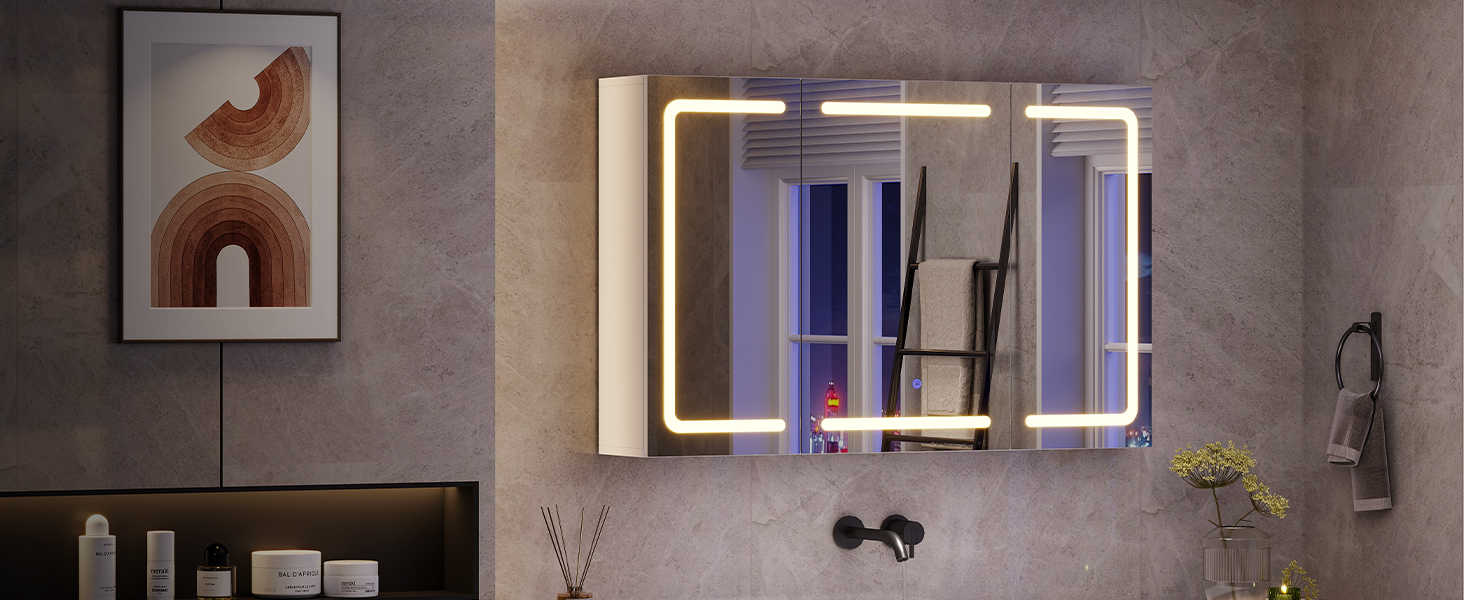 Дзеркало-шафка для ванної кімнати з LED-підсвічуванням, розеткою та 3 колірними температурами. Ванна шафка 60x90x16 см (ВxШxГ), з регулюванням яскравості + сенсорне керування. Біла дзеркальна шафка з 3 регульованими полицями та дзеркалом 60x90x16 см