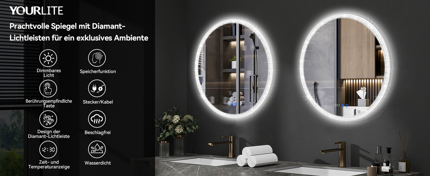 Дзеркало для ванної кімнати YOURLITE з підсвічуванням, 60 см, LED, сенсорне керування, 3 кольори, регулювання яскравості, протизапітніння, функція пам'яті, годинник, білий (сріблястий)