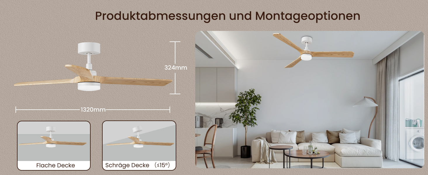 Стеляний вентилятор Holz з підсвічуванням, тихий DC-двигун, 90 см, для вулиці, 3 дерев'яні лопаті, регульоване LED-освітлення 24W, пульт з пам'яттю, 6 швидкостей, таймер (дерево, 52 дюйми)