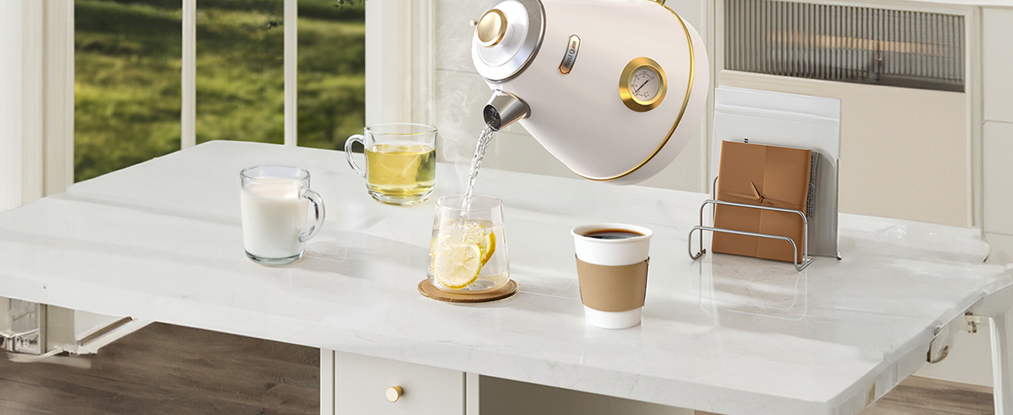 Електричний чайник Rudy Retro з термометром, нержавіюча сталь, 1.7 л, 2200 Вт, без пластику, автоматичне відключення, Vintage-дизайн (Перламутровий)