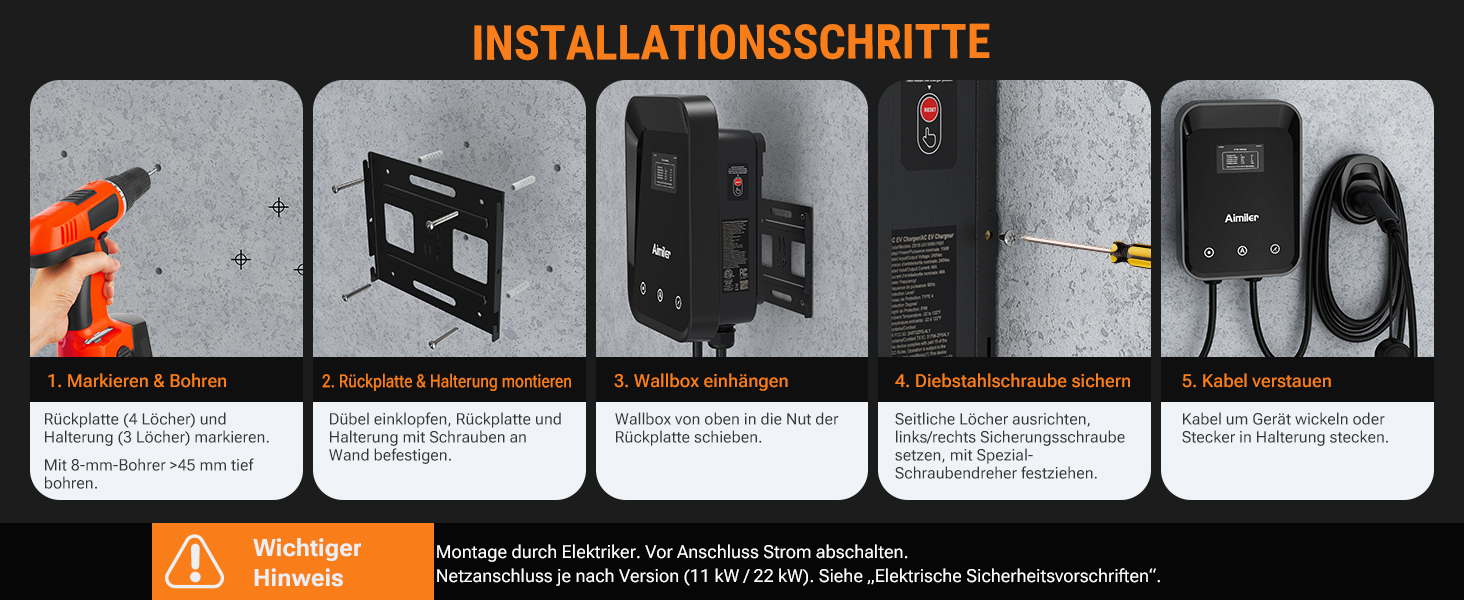 Зарядна станція для електромобілів AIMILER Wallbox 11кВт, 3-фазна, Type 2, кабель 7.6м, з лічильником електроенергії, App-керуванням та захистом RCBO, IP66, чорна