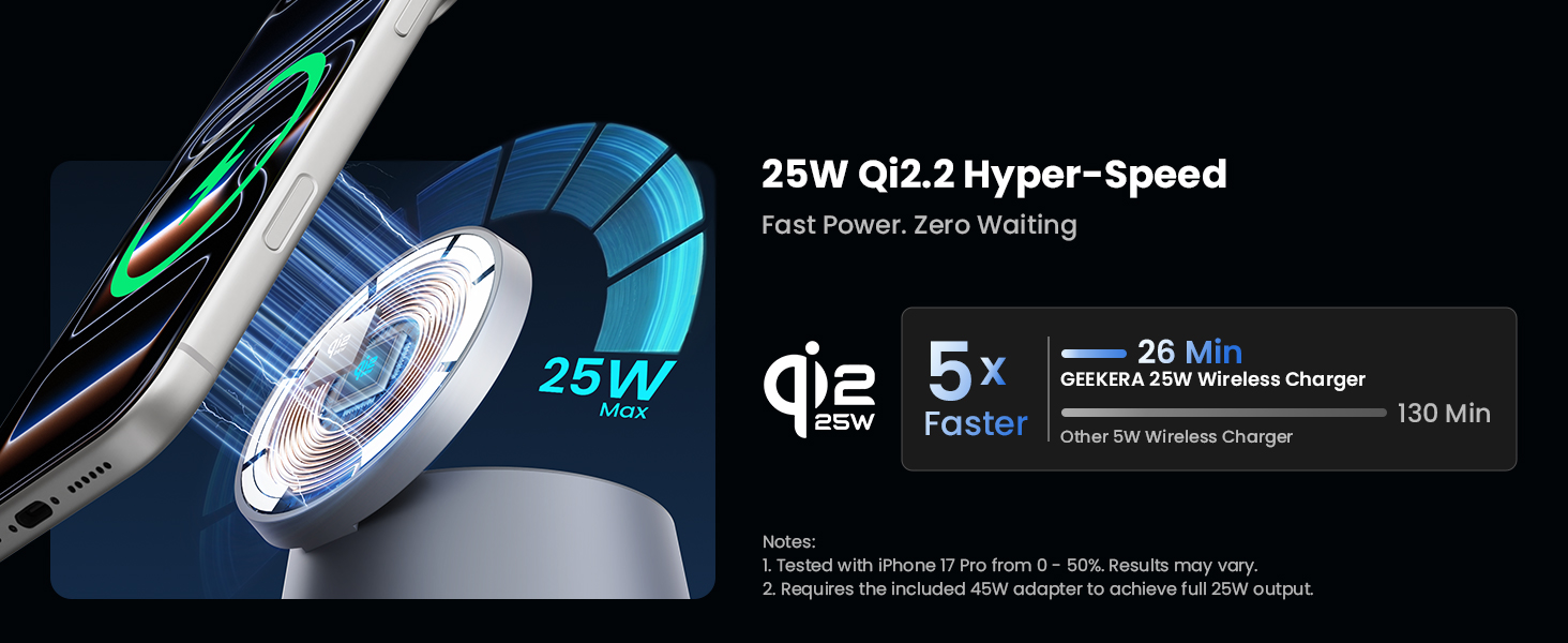 Бездротова зарядна станція 3-в-1 GEEKERA Qi2.2 25W для Apple: MagSafe швидкий заряд для iPhone 17/16/12, Apple Watch та AirPods, адаптер GaN 45W, срібляста
