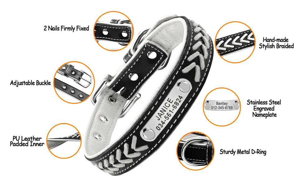 Регульовані шкіряні нашийники для собак та котів Berry з іменником, з м'якою підкладкою. Розміри L (37-47см), XL (47-57см)