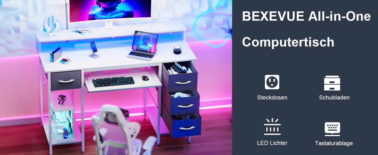 Ігровий стіл BEXEVUE зі світлодіодною підсвіткою та розетками, 120x50 см, комп'ютерний стіл з полицею, підставкою для клавіатури та 4 шухлядами, сірий/білий