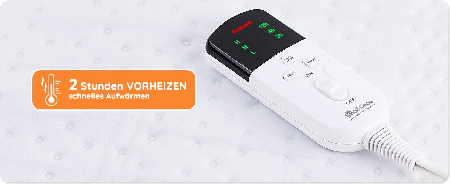 Електрична ковдра Mia&Coco з автовимкненням, 160x130 см, з таймером 12 годин, 3 режими нагріву, LED-дисплей, захист від перегріву, для стандартних матраців, машинне прання, білий колір