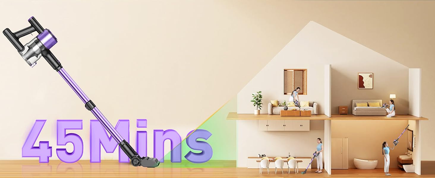 Бездротовий акумуляторний пилосос 45000 Па/500 Вт/45 хв з LED-дисплеєм та щіткою проти намотування, висувний шланг 73 см для твердих поверхонь, килимів, шерсті тварин, фіолетовий