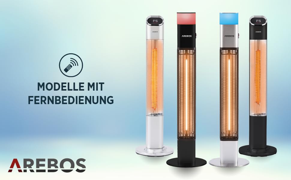 Електричний інфрачервоний обігрівач Arebos 1500W для тераси | з LED-підсвічуванням та пультом керування | Сріблястий колір | Обігрівач на вугільному інфрачервоному випромінюванні