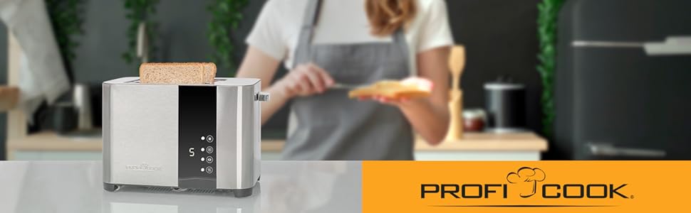 Тостер ProfiCook PC-TA 1250 Inox з сенсорним дисплеєм: 2 слоти, нержавіюча сталь, 850 Вт, 7 рівнів підсмажування, підставка для тостів, висувна кришка для крихт, згортання кабелю