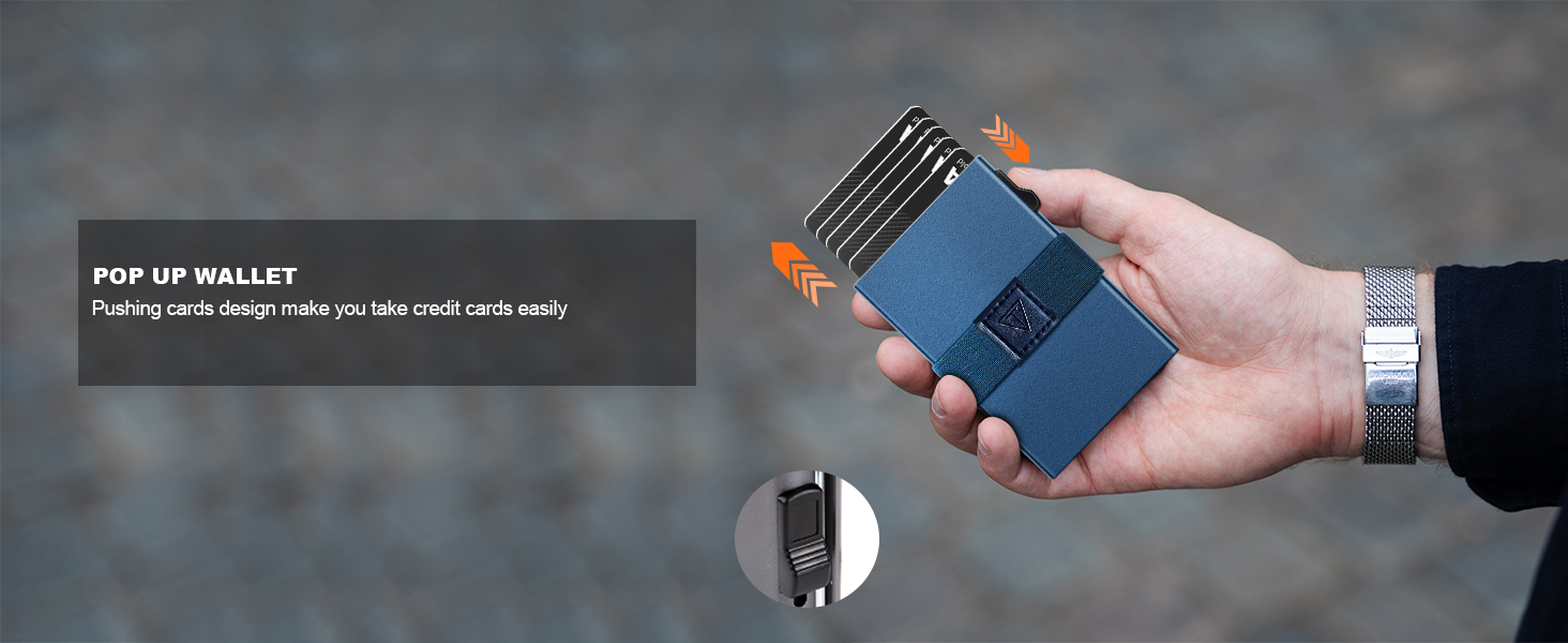 Чоловічий тонкий металевий картхолдер на 12 карт з RFID захистом, виштовхувальною кнопкою, Marineblau (морський синій)