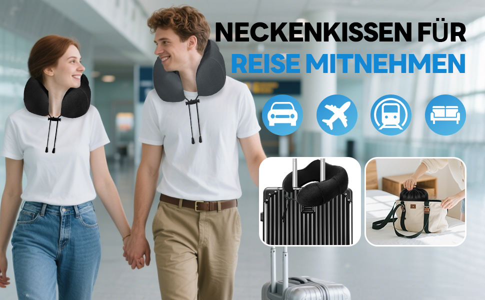 Подушка для шиї у літак - туристична подушка з memory foam, ергономічна форма - з маскою для сну, навушниками, сумкою - ідеальна для подорожей, офісу, дому (Чорний)