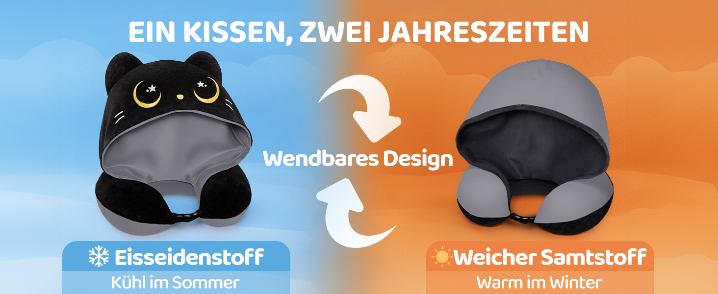 Подушка для шиї Mewaii з капюшоном, двостороння, для дітей та дорослих, дизайн котика, захист приватності, м'яка піна з пам'яті сірої кольорової гами