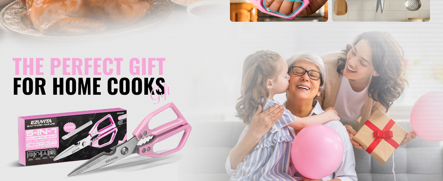 Набір кухонних ножиць 5-в-1 з пінцетом, кухонні ножиці з титановим покриттям, нержавіюча сталь, придатні для миття в посудомийній машині, універсальні ножиці для кухні, птиці, риби, м'яса (рожеві)