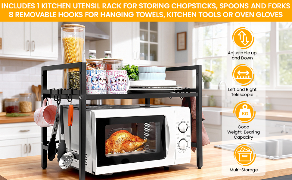 Регульована полиця для мікрохвильової печі, 2-ярусна, розширювана полиця для кухні з вуглецевої сталі з 8 гачками, підставка для кухонного приладдя, стійка для мікрохвильової печі та органайзер для кухні