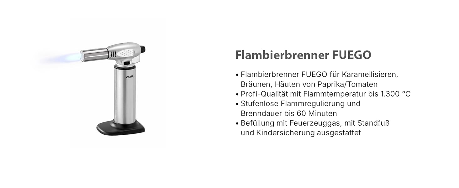 GEFU FUEGO – Кухонний пальник FUEGO з регульованою полум'ям до 1300°C | 60 хв. роботи | Для крем-брюле, овочів | З дитячим блокуванням