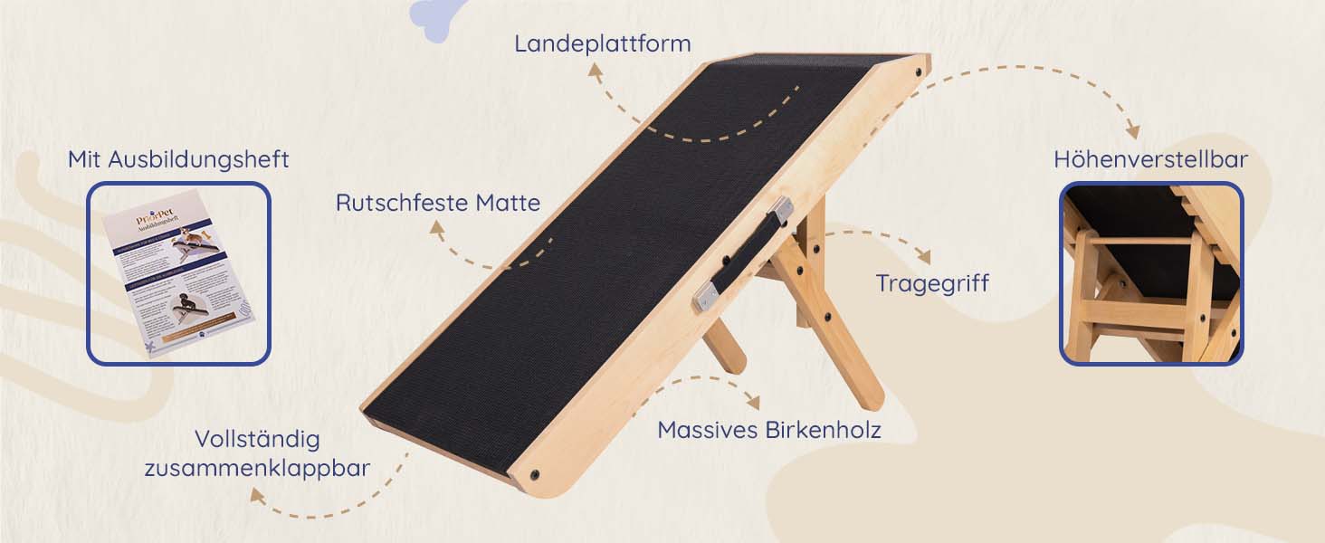 Рампа для собак Hunderampe: регульована дерев'яна пандус для собак маленьких та великих порід - 18-53 см, для ліжка/дивану, з антиковзким покриттям