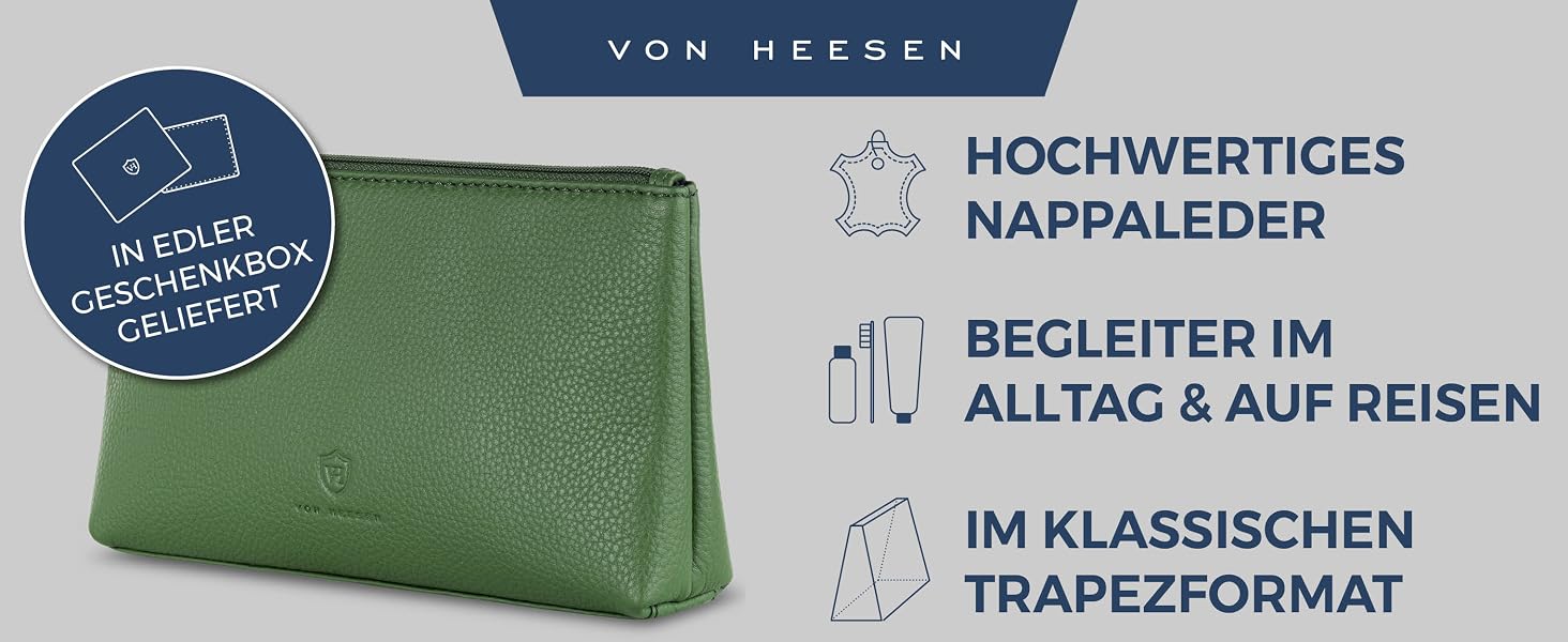 Шкіряна косметичка VON HEESEN для жінок та чоловіків — Елегантна дорожня сумка для аксесуарів та гігієни з натуральної шкіри, Зелена