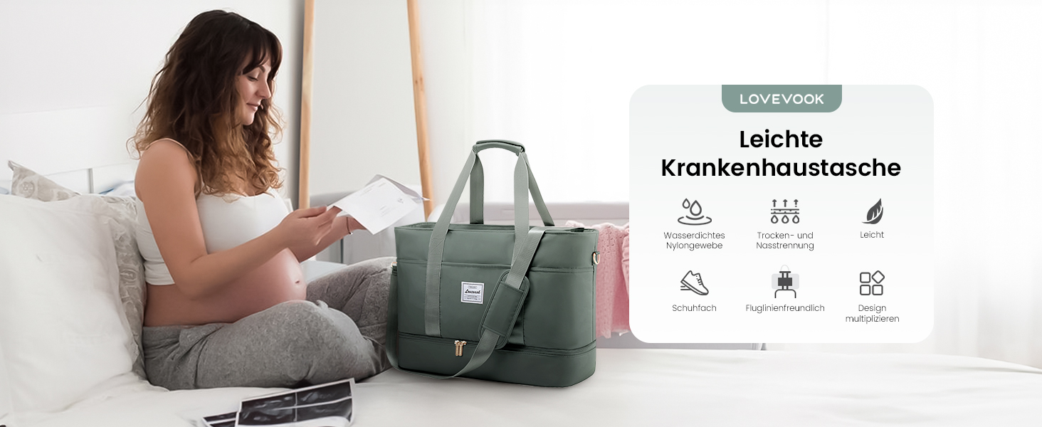 Сумка-валіза LOVEVOOK для жінок, водонепроникна, 42L, зелено-бежева. Ідеальна для подорожей, спортзалу, пологів та Ryanair. Має відділення для взуття та клінічна сумка.