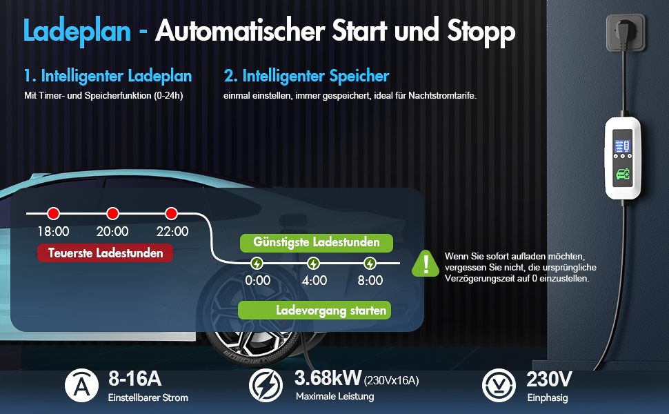 Кабель для зарядки електромобіля Type 2, 3.68kW, 6м, 16A, з цифровим дисплеєм та таймером, для PHEV та EV