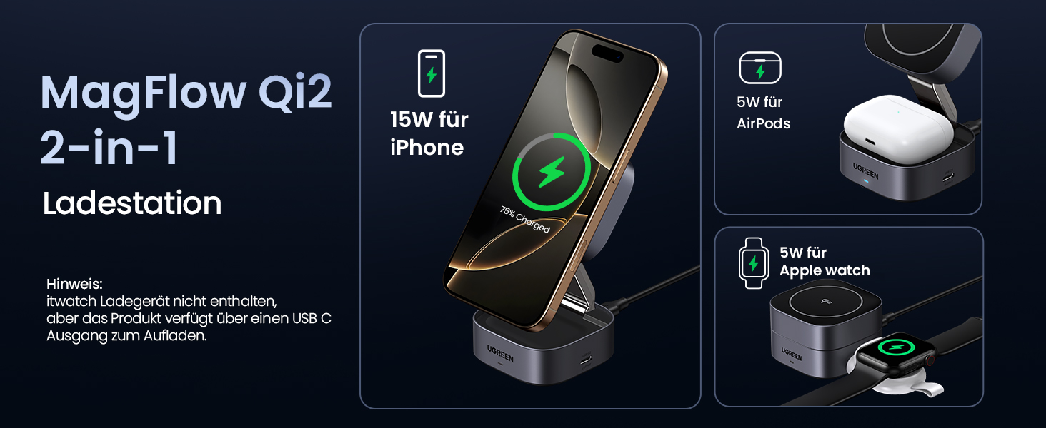 Ugreen MagFlow Qi2 Бездротова зарядка 15W 2-в-1 MagSafe для iPhone 15/16/17, AirPods + Кабель 1м