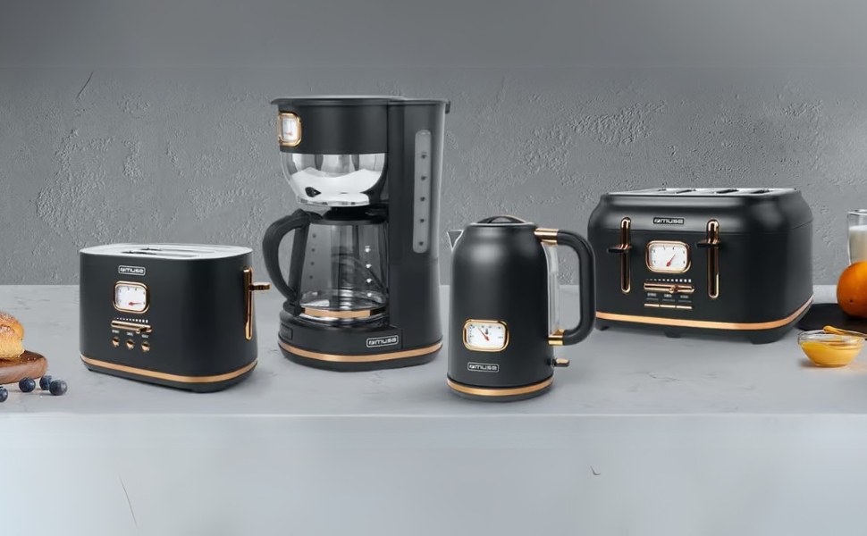 Чайник електричний зі сталі нержавіючої, ретро-дизайн, з аналоговим термометром, фільтром, прозорою шкалою, об'єм 1,7 л, автоматичне вимкнення, матовий чорно-золотий (MS-030 BC)