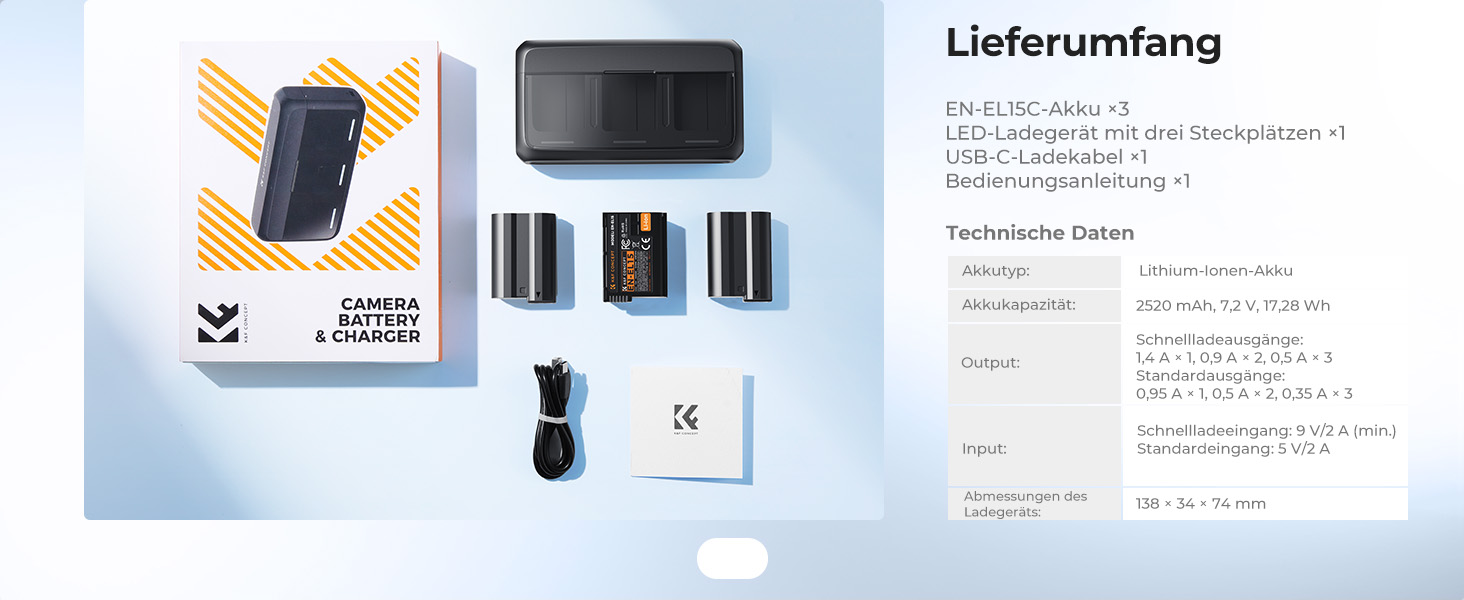 Комплект акумуляторів K&F CONCEPT EN-EL15C (3 шт.) з LED PD швидким зарядним пристроєм 20W для Nikon Z8, Z7, Z7II, Z6, Z6II, Z6III, Z5, ZF, D850, D780, D750, D7500, D7200, D7100