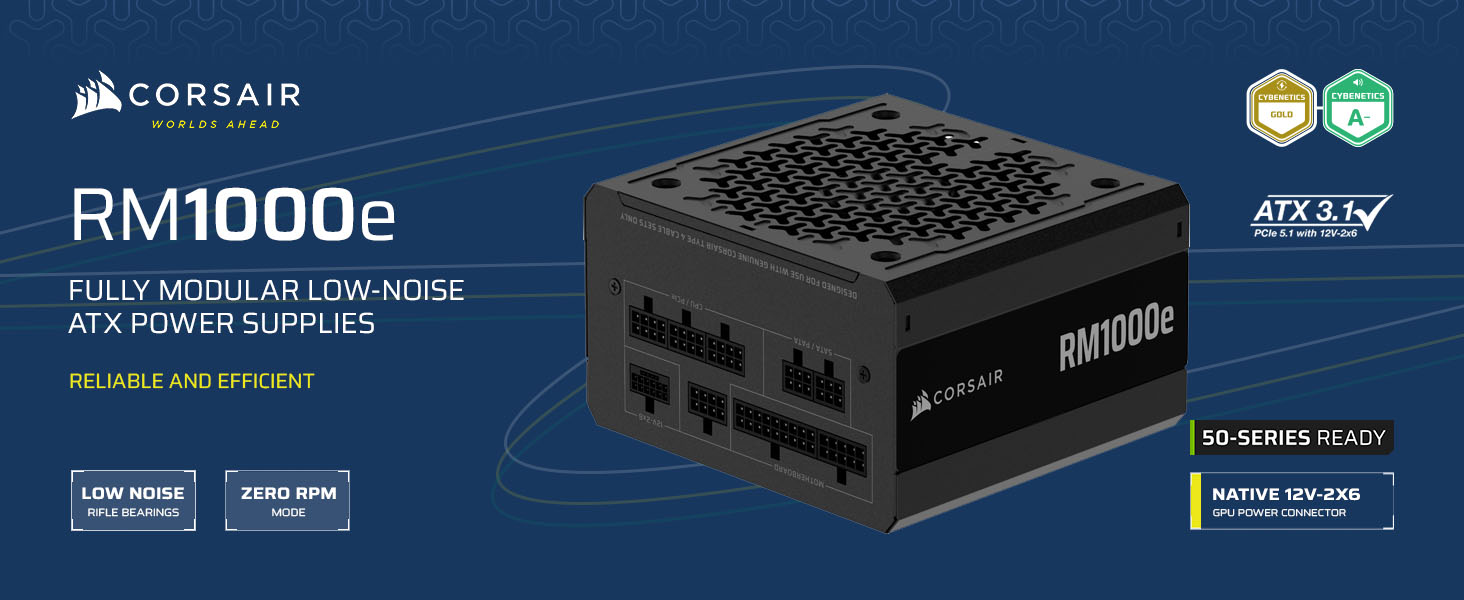Блок живлення Corsair RMe Series RM1000e 1000W ATX 3.1 PCIe 5.1, Cybenetics Gold, повністю модульний