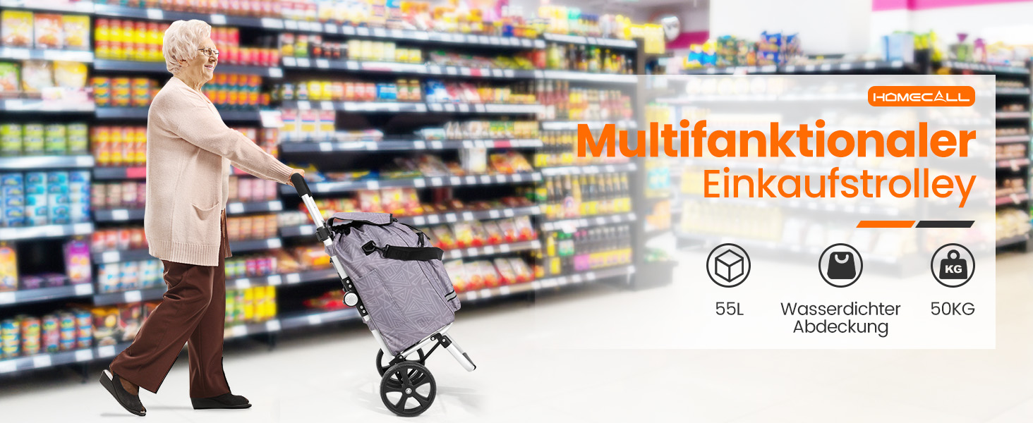 Складаний візок для покупок Homecall 50л з охолодженням, 3 в 1: візок, сумка, таскач, з принтом Geometrie, стандартні колеса