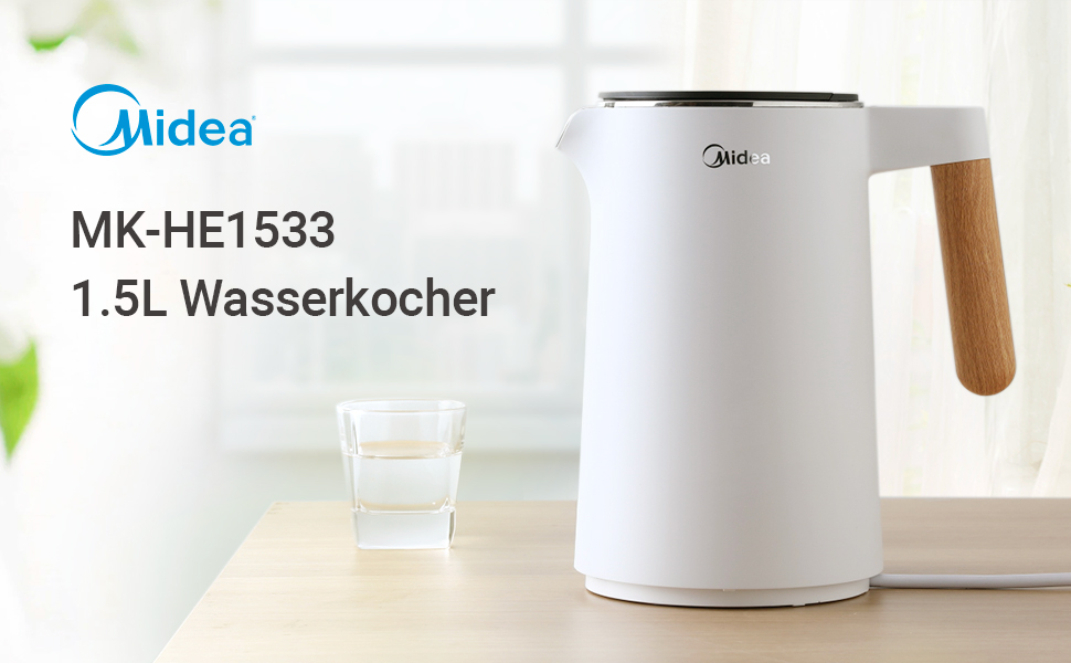 Midea 1.7L Electric Kettle - BPA Free, Rapid Boil, LED Display, 360° Swivel Base, Dry Boil Protection - MKE17M1ADS (Matte White)