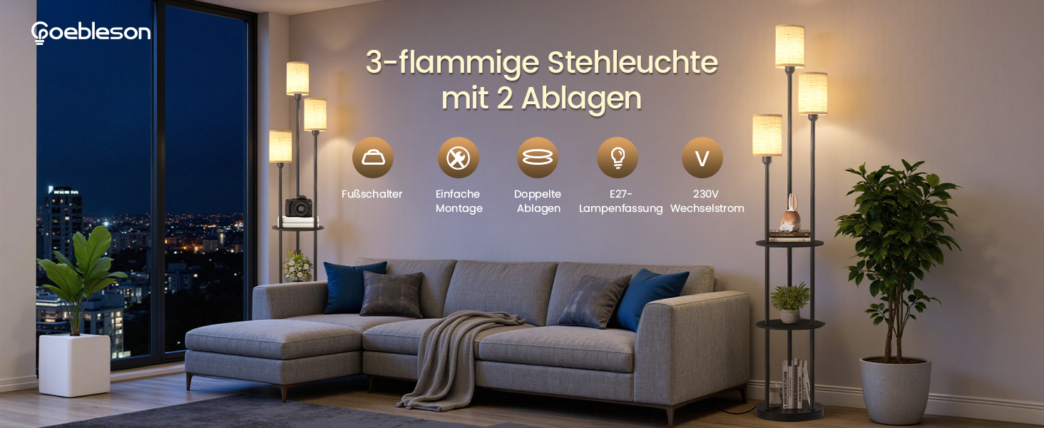 Стельова лампа для вітальні з поличкою, 3-хламкова лампа на ніжці з полицею Vintage, Бохо підлогова лампа з дерева з вимикачем на ніжці, патрон E27, ретро-дизайн, рустикальний коричнево-бежевий колір ZEF53LDD05 (Бежевий, Чорний)