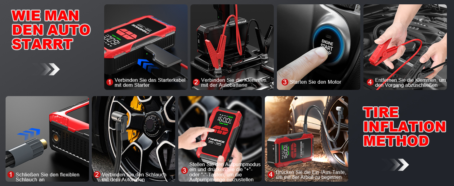 Пауербанк для авто FNNEMGE 26800mAh з пусковим струмом 6500A, компресором 160PSI, LCD-дисплеєм та LED-підсвіткою