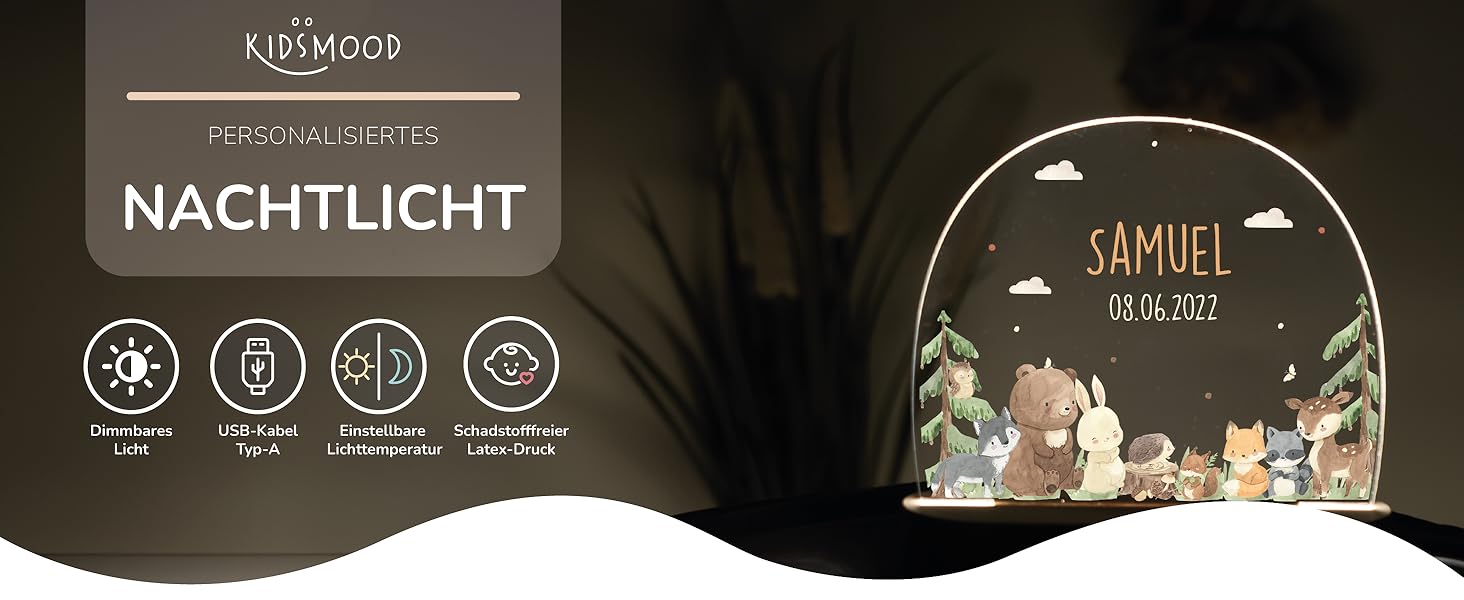 Night light for children with custom names, personalized dimmable night lamp - With a cute animal motif as personalized gifts for children for baptisms, birthdays, Easter & baby gifts
