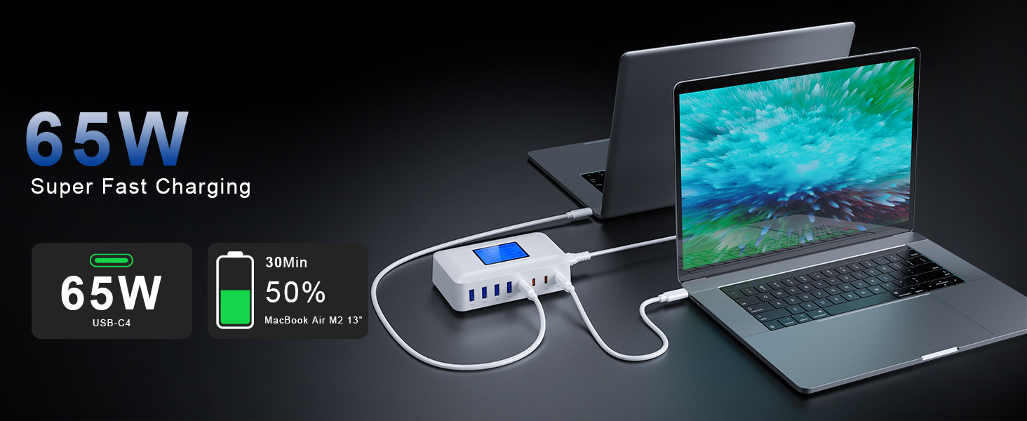 Зарядний пристрій RENGOGA 200W USB C GaN з 8 портами, LED дисплеєм, 65W USB-станція для iPad Pro/Air, MacBook, iPhone 16/15/14, Galaxy S24 - Білий